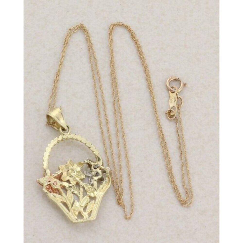 10k Yellow Gold White Gold Rose Gold Flower Basket Necklace 18" Chain - Picture 7 of 7